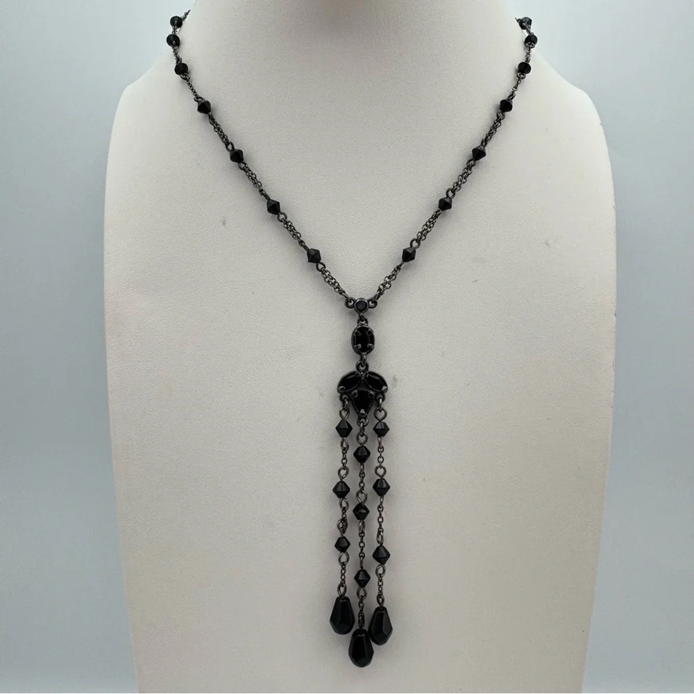 Gothic Style Black Crystal Beaded Y Necklace with Multi-Drop Tassel